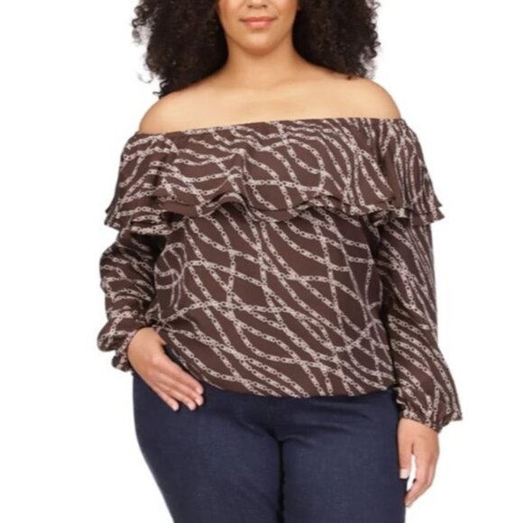 Michael Kors Tops - Michael Kors Plus Size Stadium Chain Print Ruffle Blouse Brown Chiffon Artsy NWT